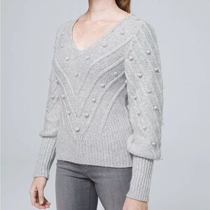 White House Black Market Embroidered V-neck Sweater with Puff Sleeves Sz M NWT